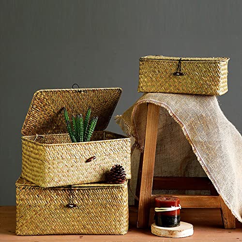 Vista en ambiente de Juego de 3 Cestas de Almacenamiento de Ratán Tejido de Fibras Marinas, con Tapa Para Ropa, Maquillaje y Estantes. YSGLIFE
